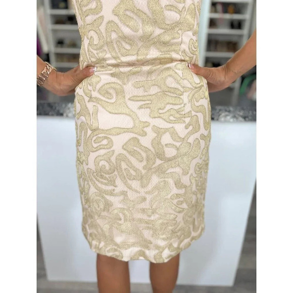 Sue Wong Champagne Gold Lace Sheath Dress $295 - Picture 9 of 13